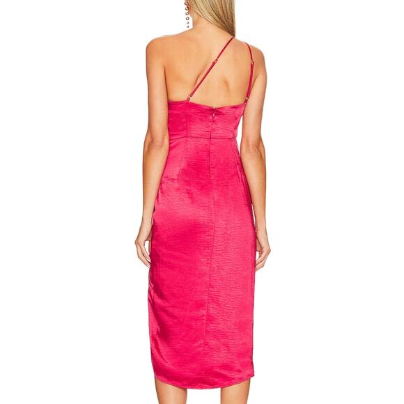Lovers + Friends Red One Shoulder Satin Midi Slip Dress SMALL Ruched $228 NEW - Picture 3 of 8